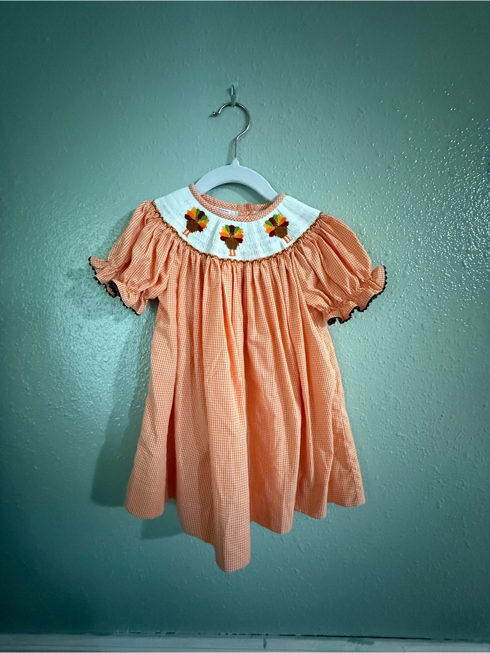 Smocked Peach Gingham Dress with Floral Yoke for Girls